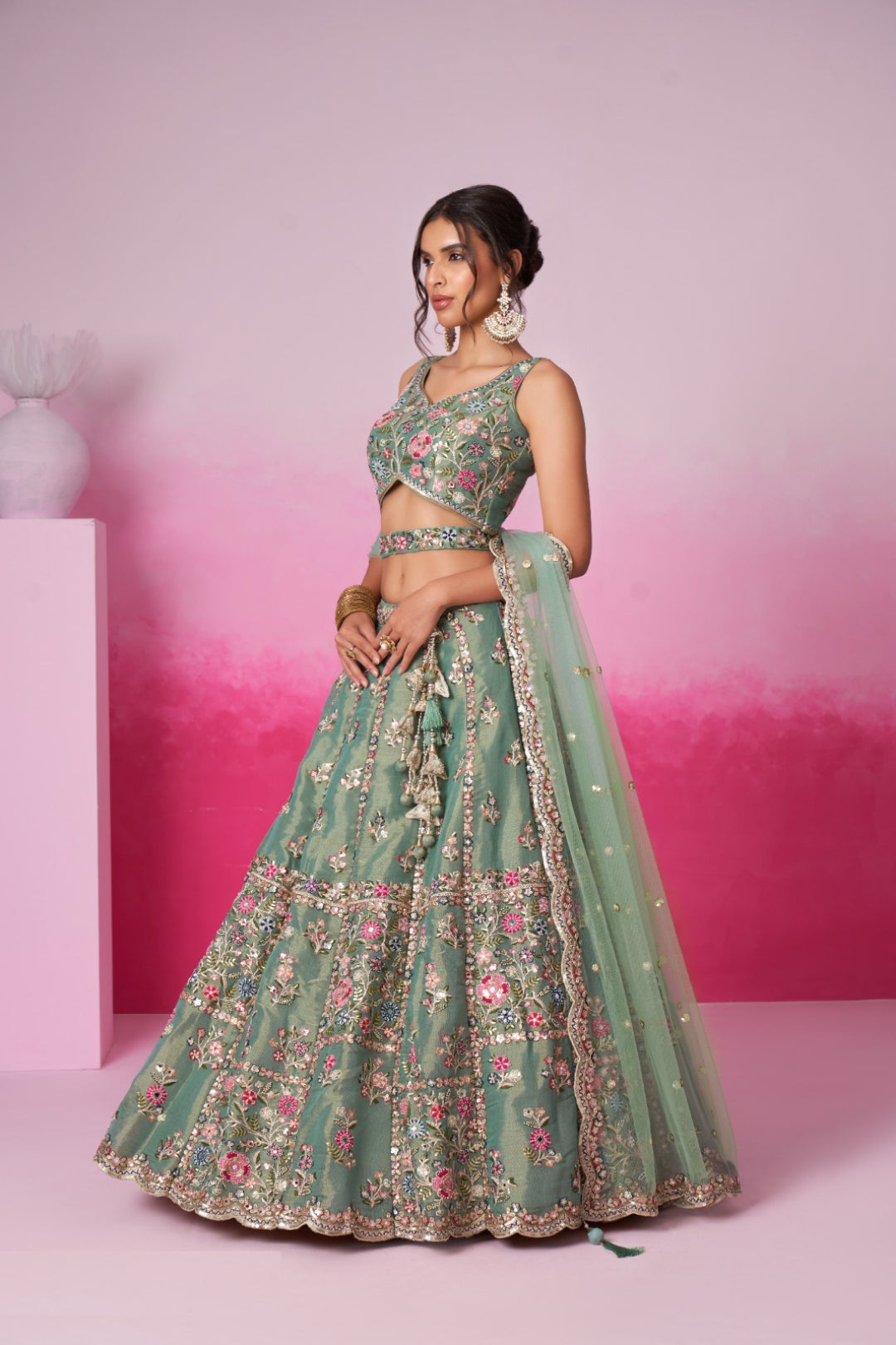 Stylish Sea Green Net With Embroidery Work Bridal Lehenga