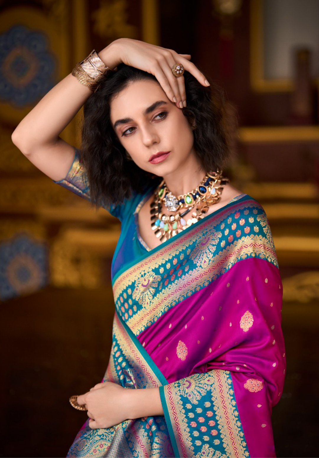 Women Pink And Teal Banarasi Silk Saree