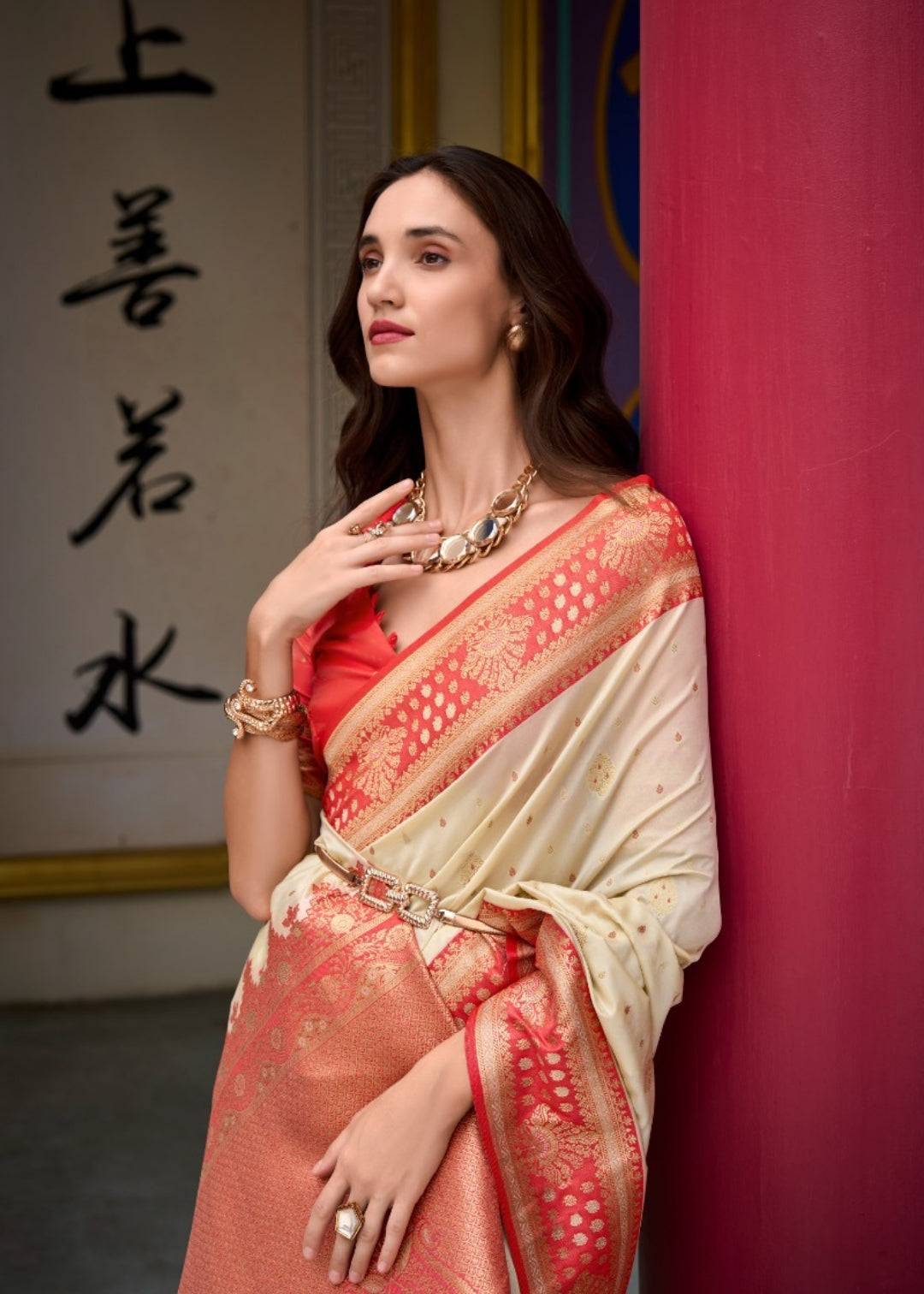 Women Off White And Red Banarasi Silk Saree