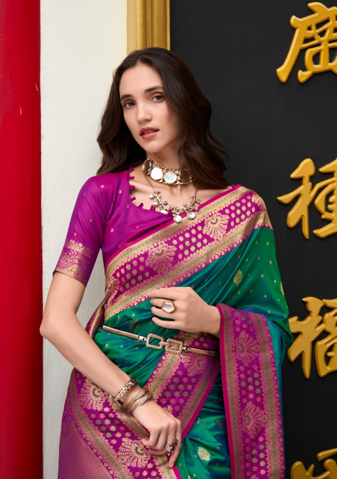 Women Green And Purple Banarasi Silk Saree