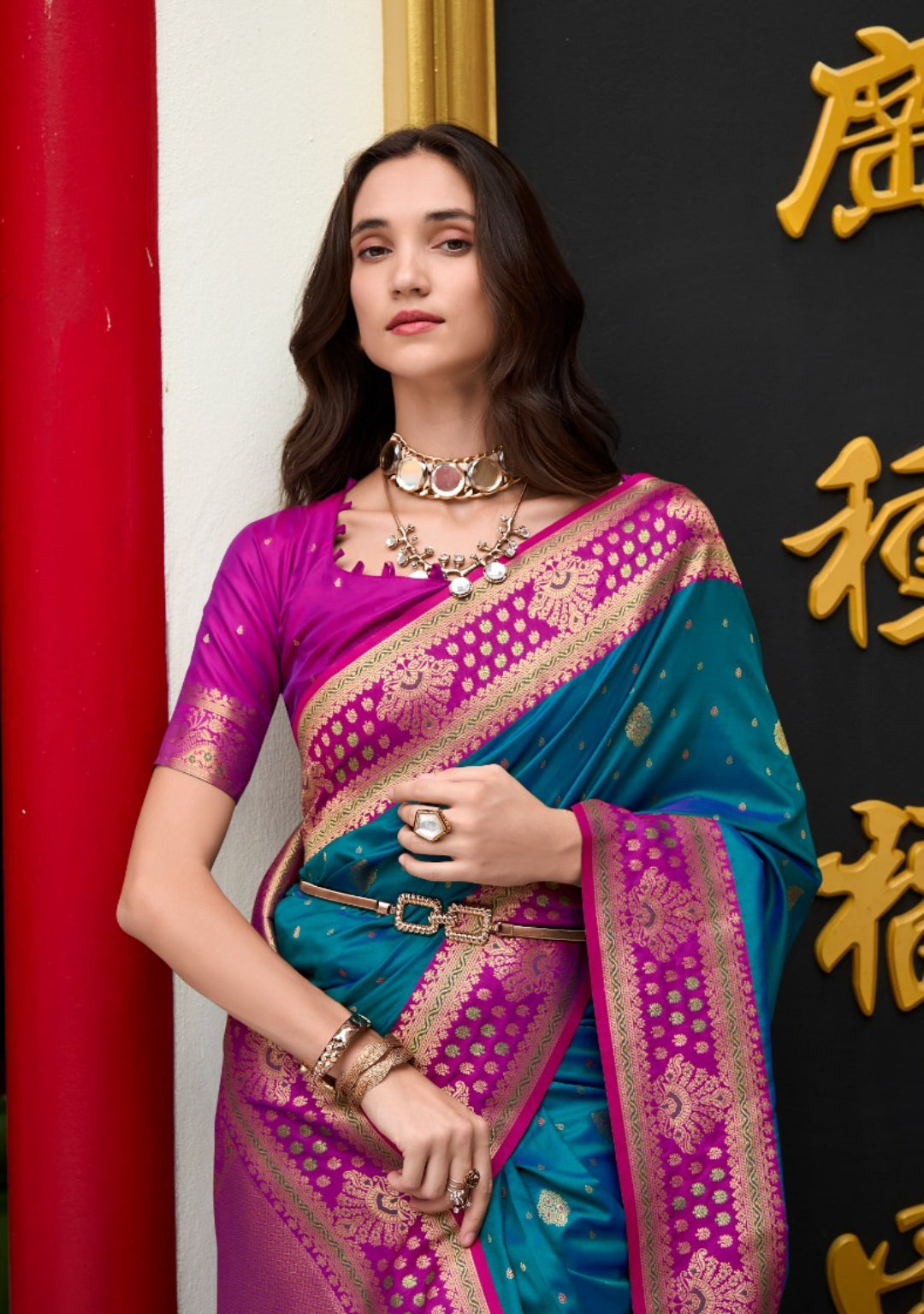 Women Teal And Pink Banarasi Silk Saree