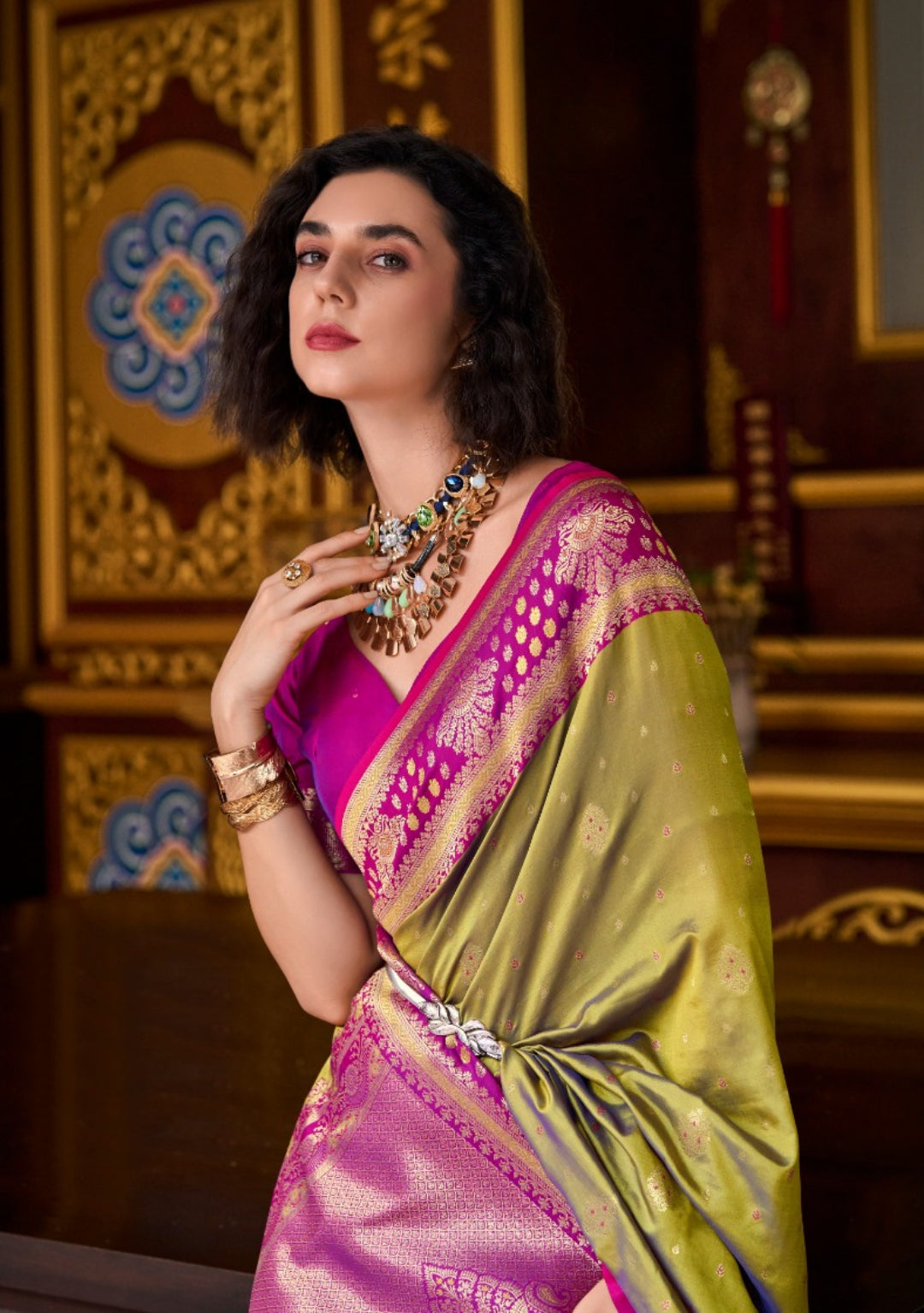 Women Mehendi Green And Pink Banarasi Silk Saree