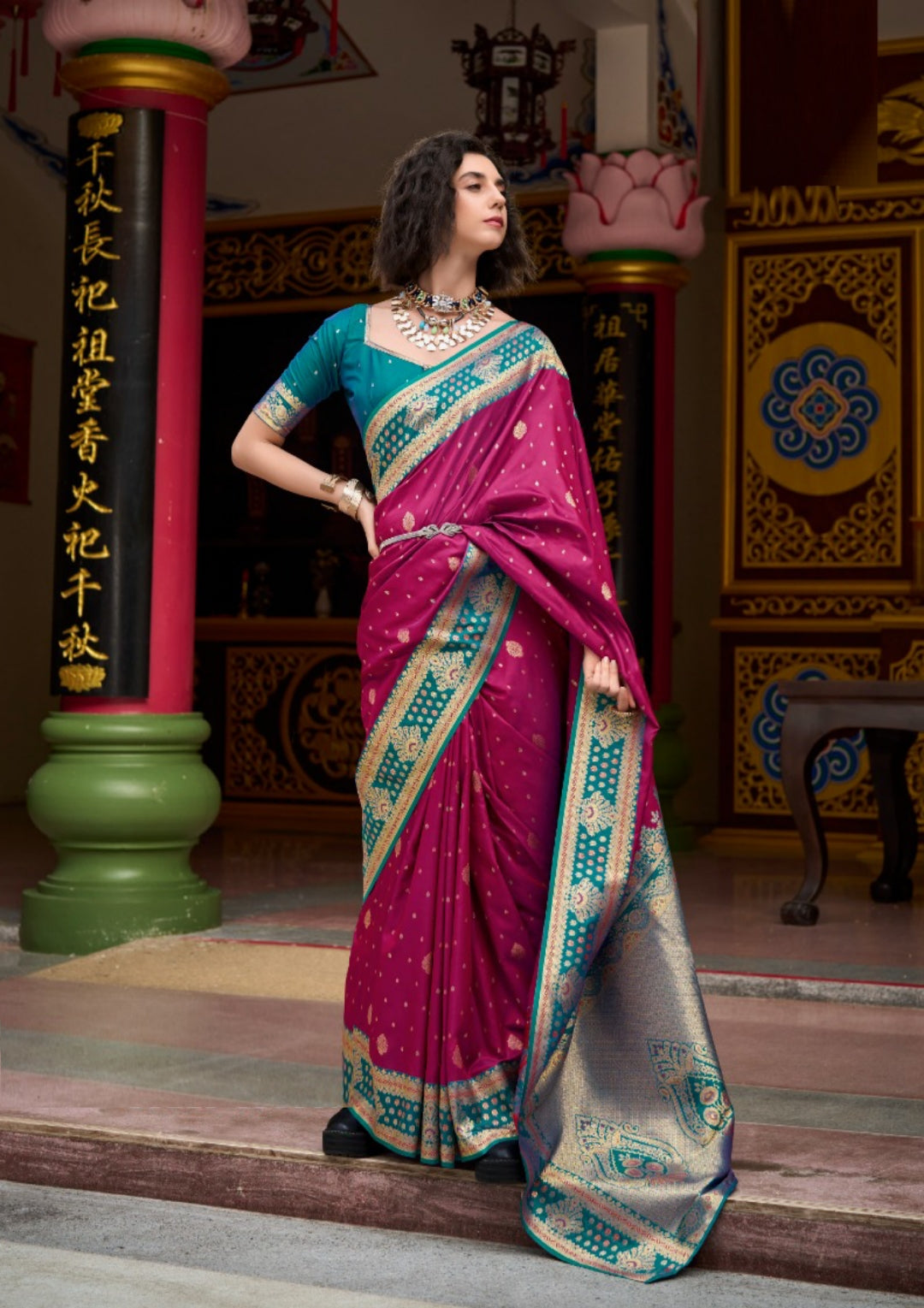 Women Magenta And Teal Banarasi Silk Saree