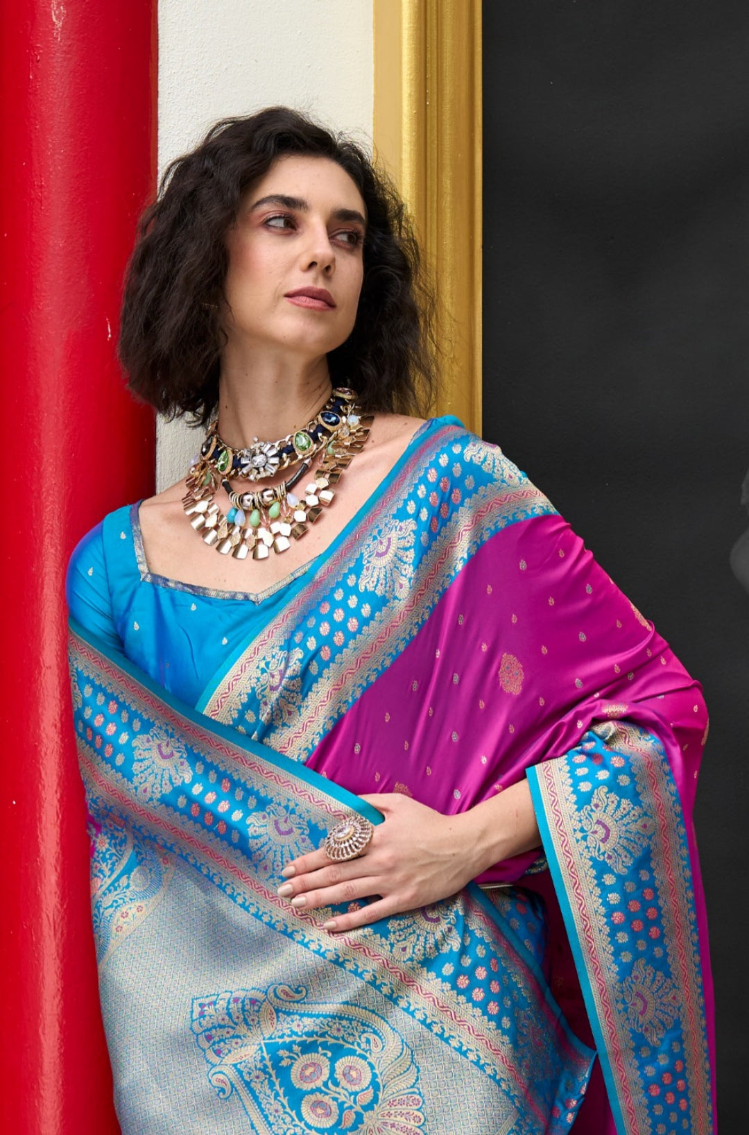Women Magenta And Teal Banarasi Silk Saree