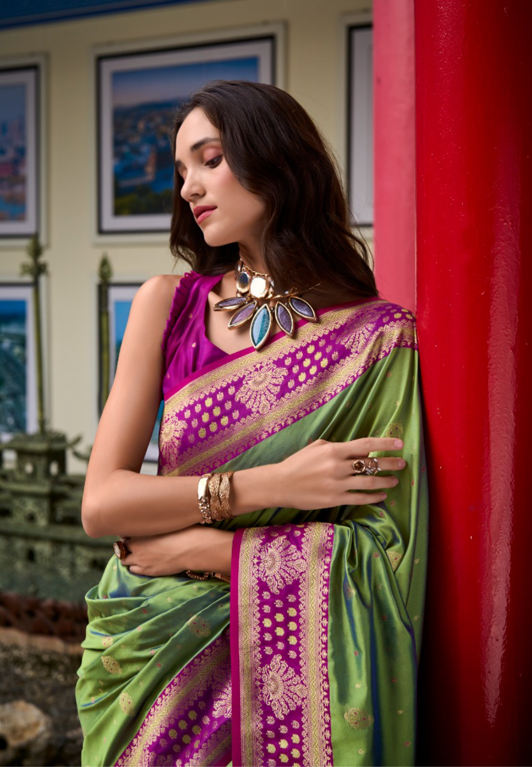 Women Green And Burgundy Banarasi Silk Saree