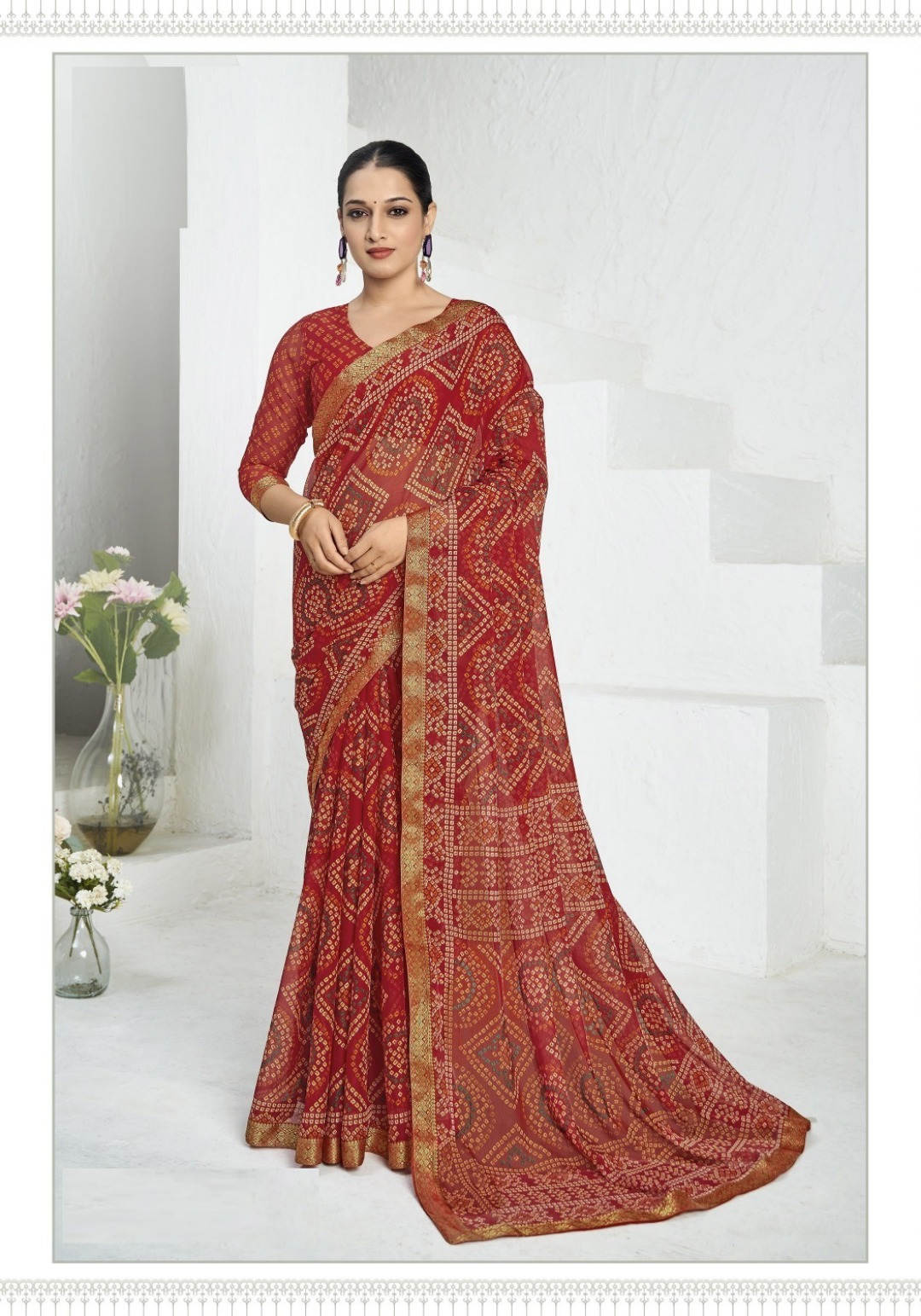 Women Red Chiffo Vibrant Saree