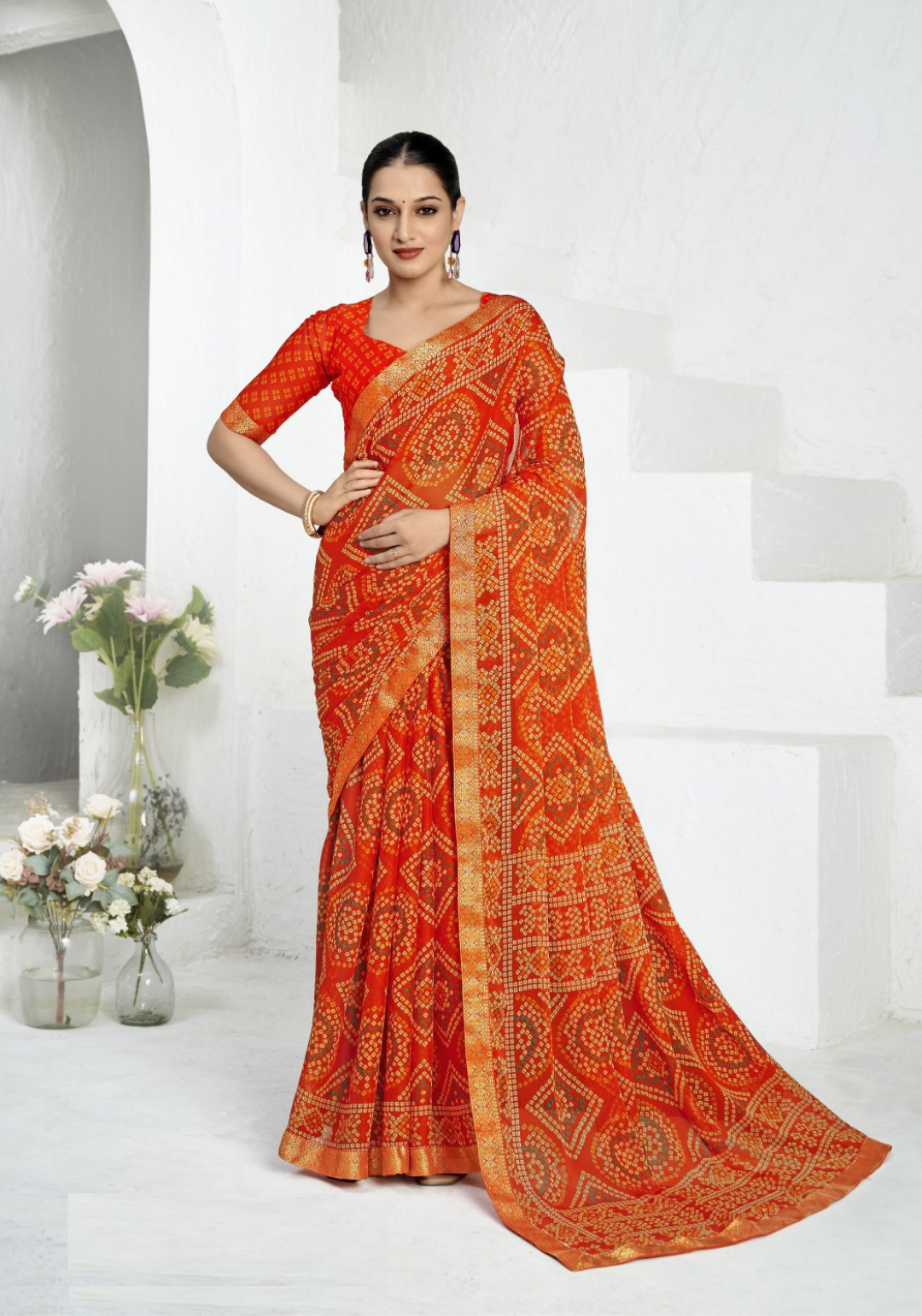 Women Orange Chiffo Vibrant Saree