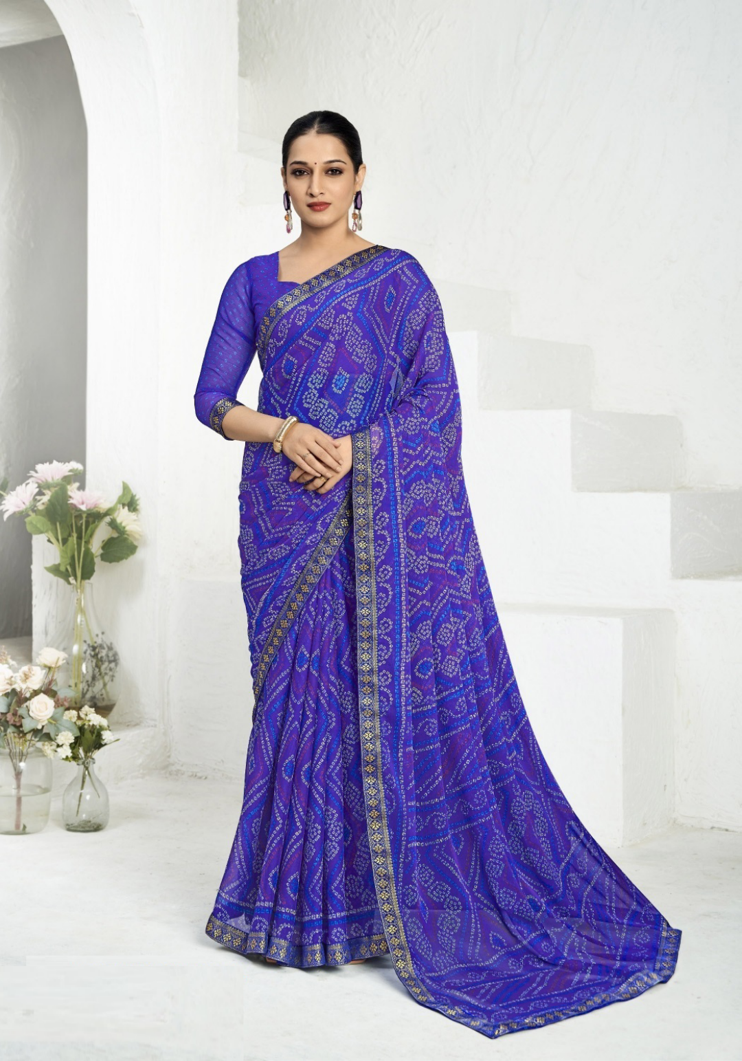 Women Royal Blue Chiffo Vibrant Saree