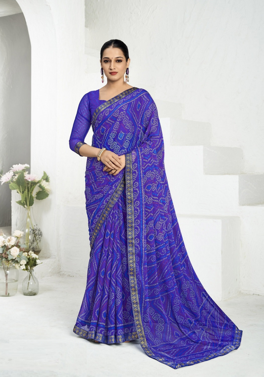 Women Royal Blue Chiffo Vibrant Saree