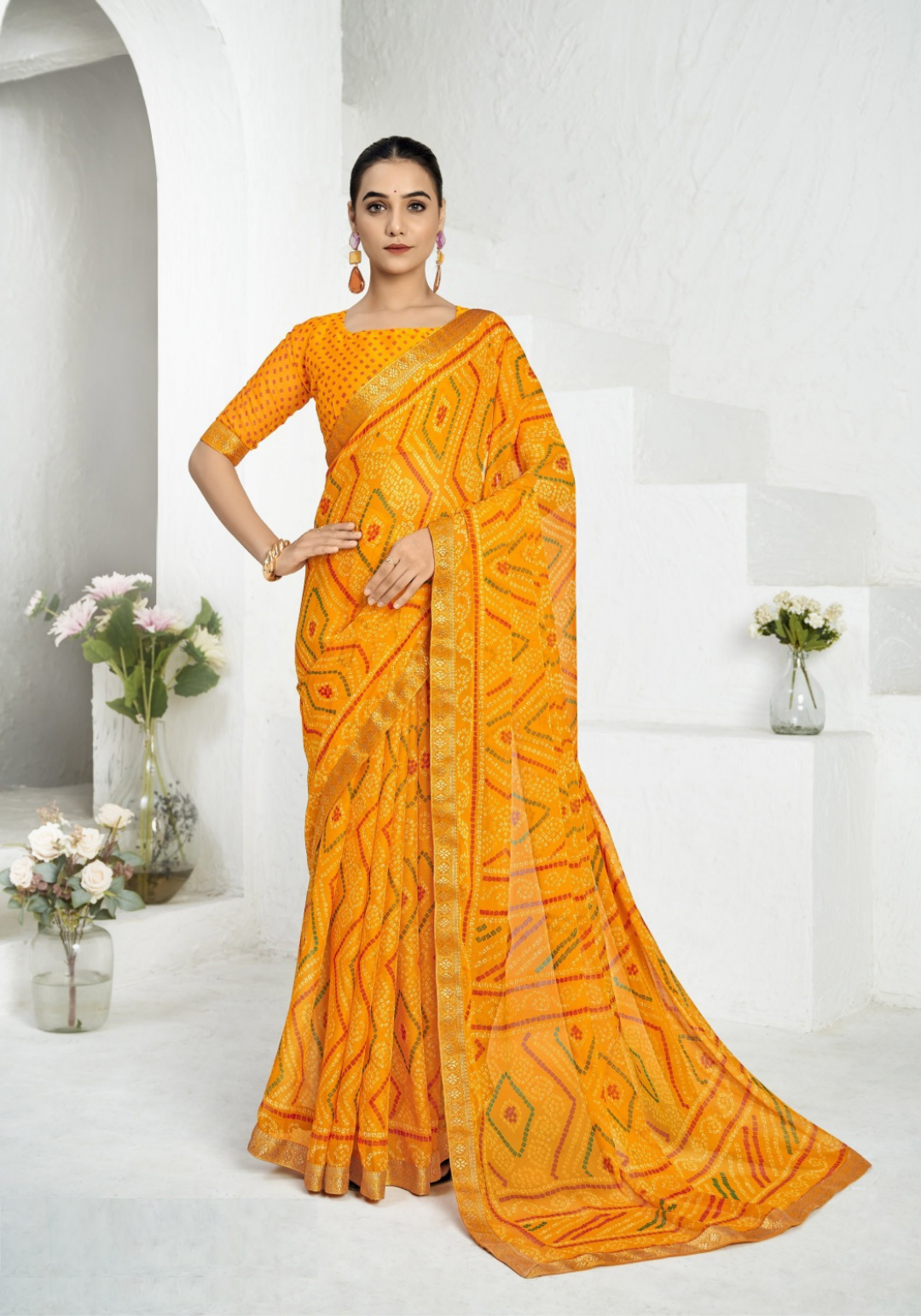 Women Mustard Chiffo Vibrant Saree