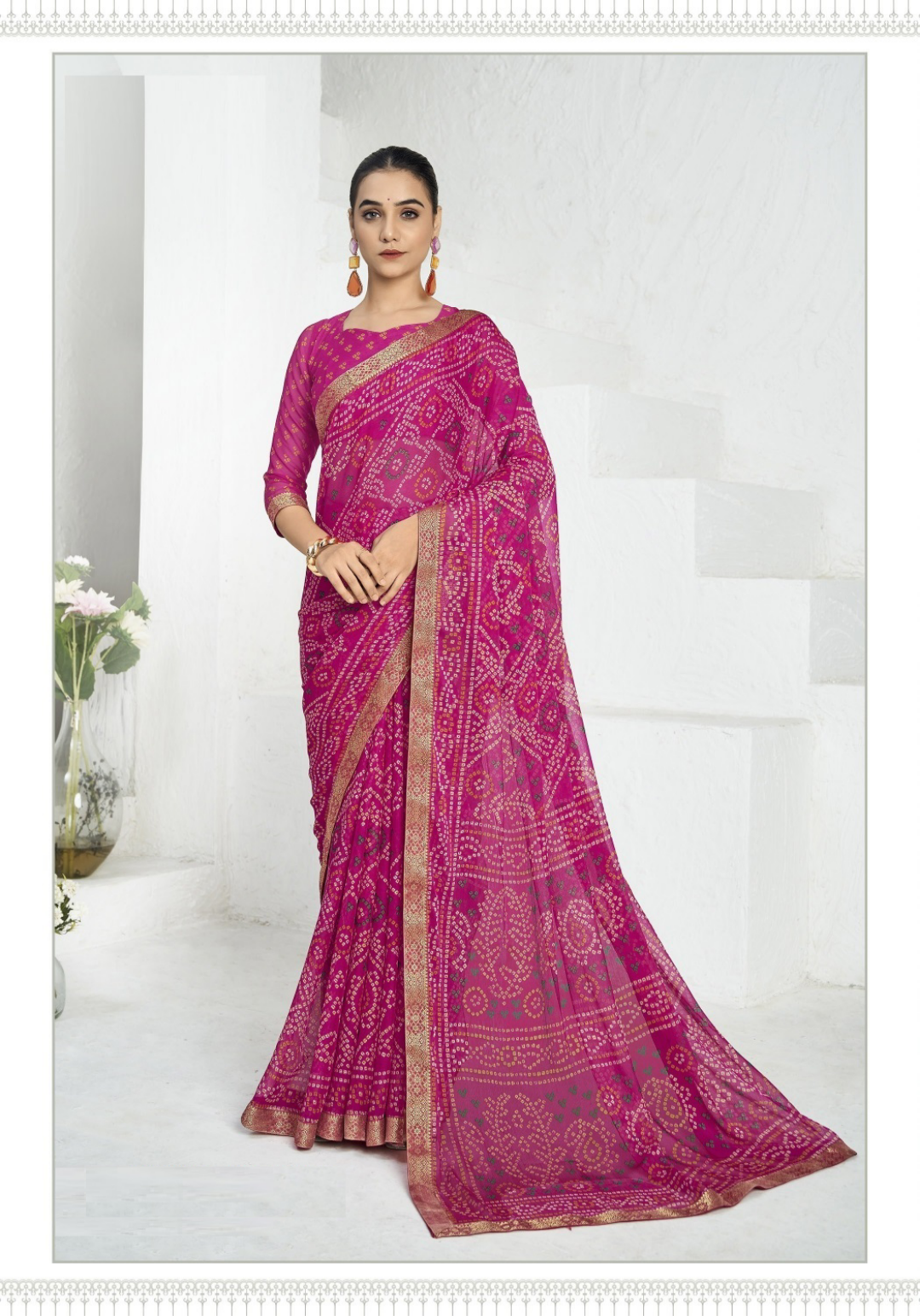 Women Pink Chiffo Vibrant Saree