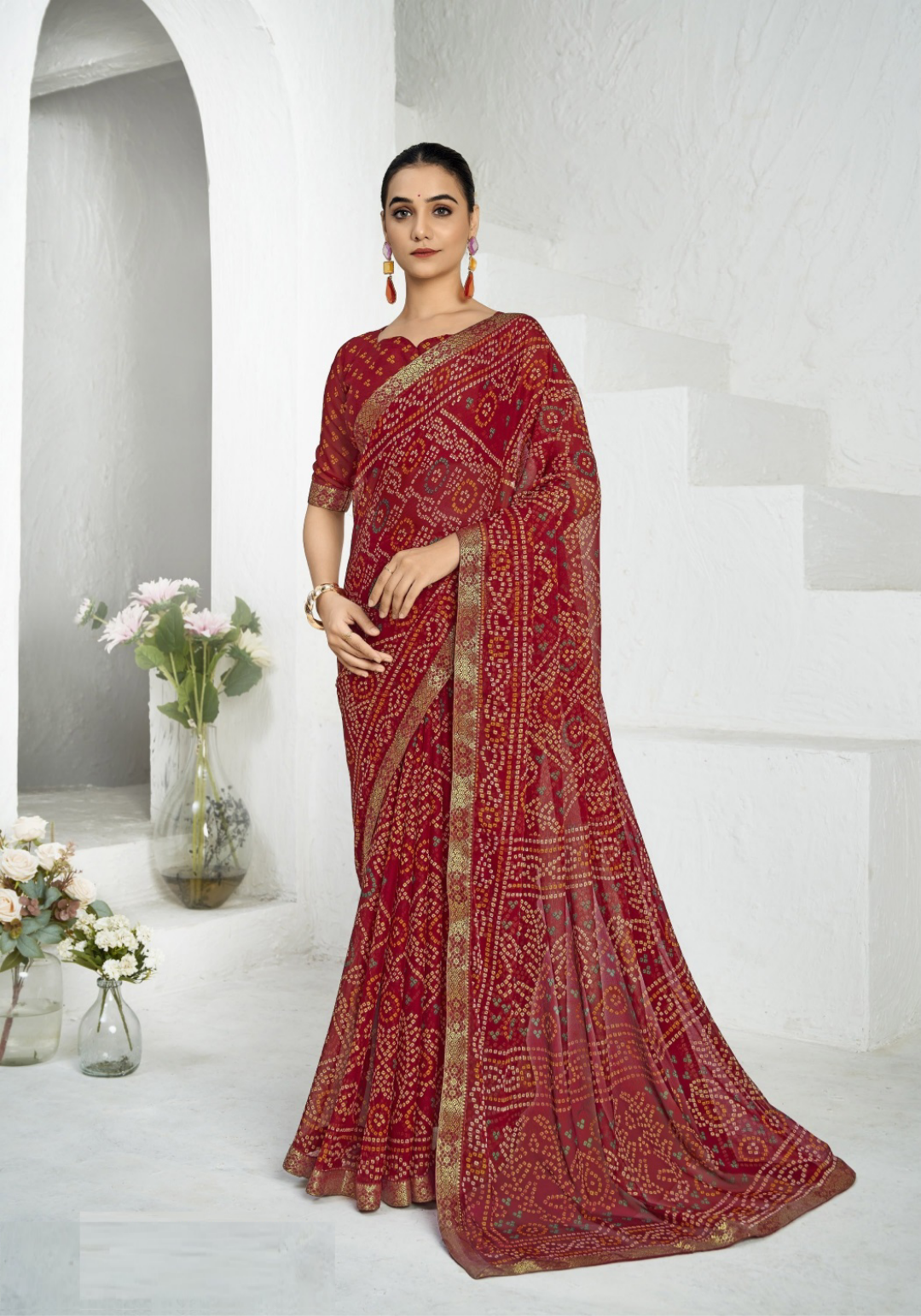 Women Dark Red Chiffo Vibrant Saree