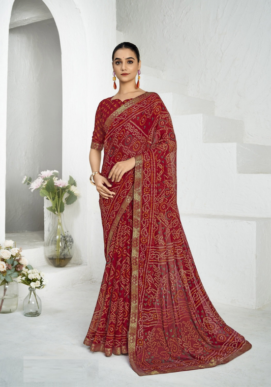 Women Dark Red Chiffo Vibrant Saree