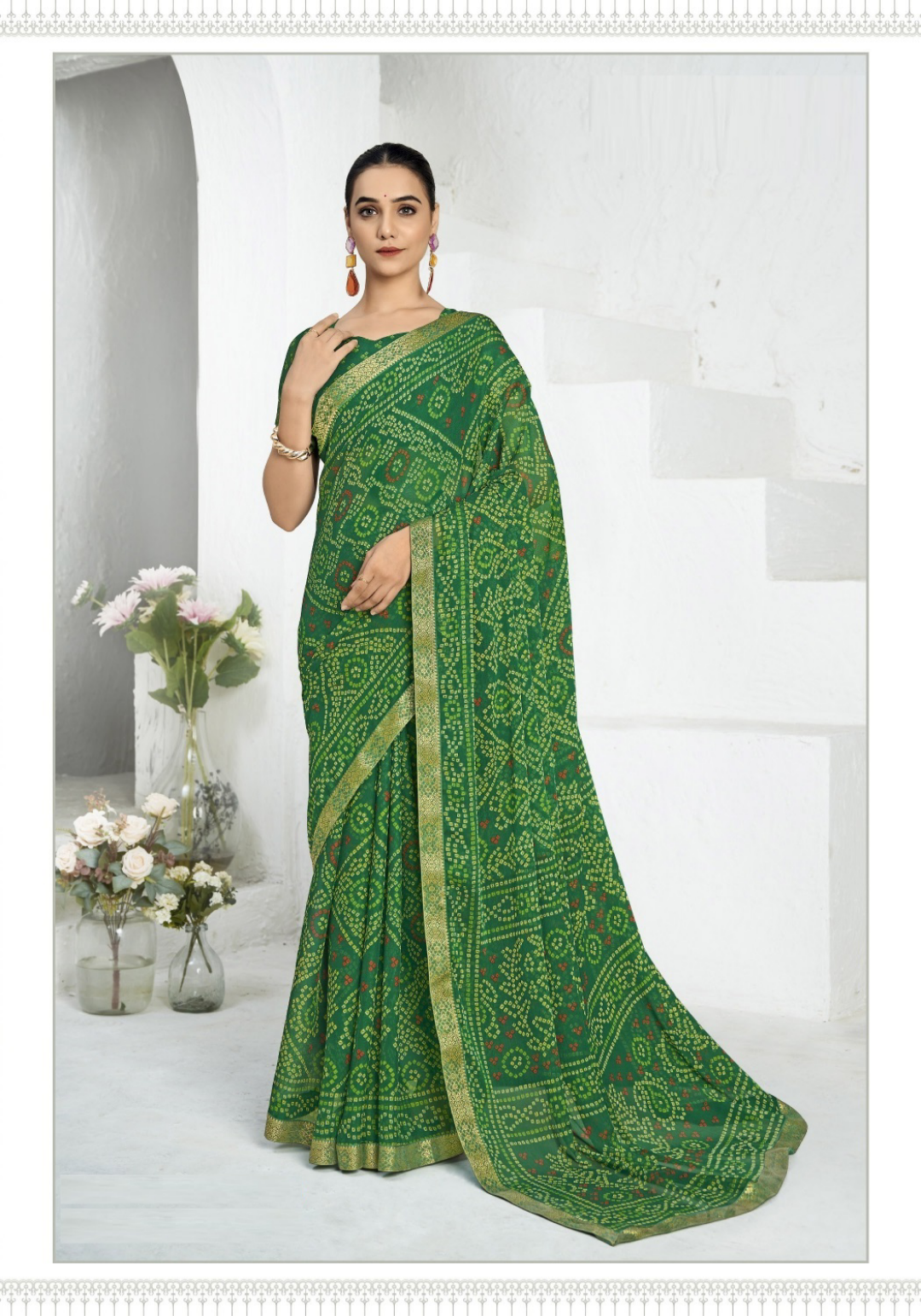 Women Green Chiffo Vibrant Saree