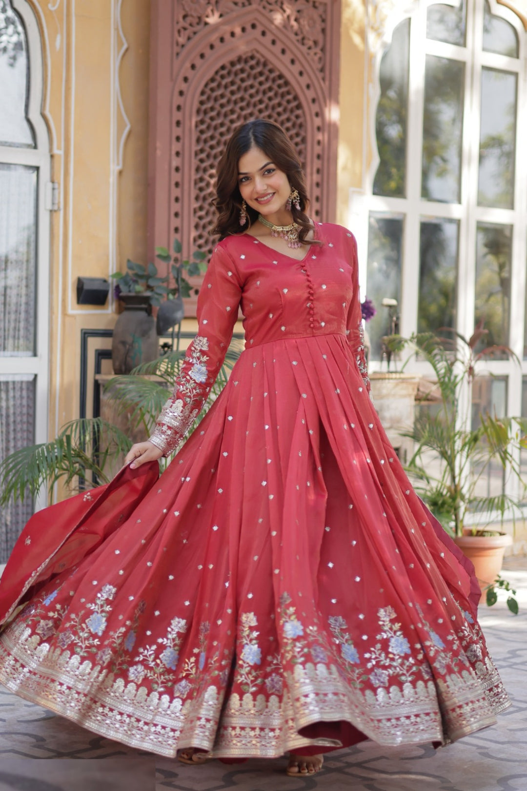 Lustrous Red Viscose Gowns With Dupatta
