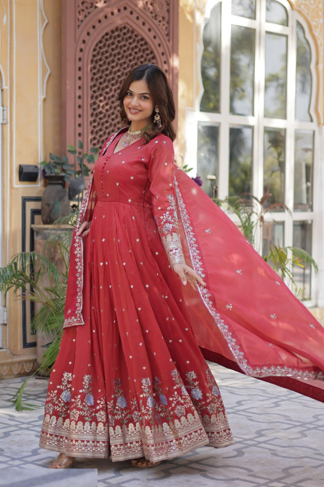 Lustrous Red Viscose Gowns With Dupatta