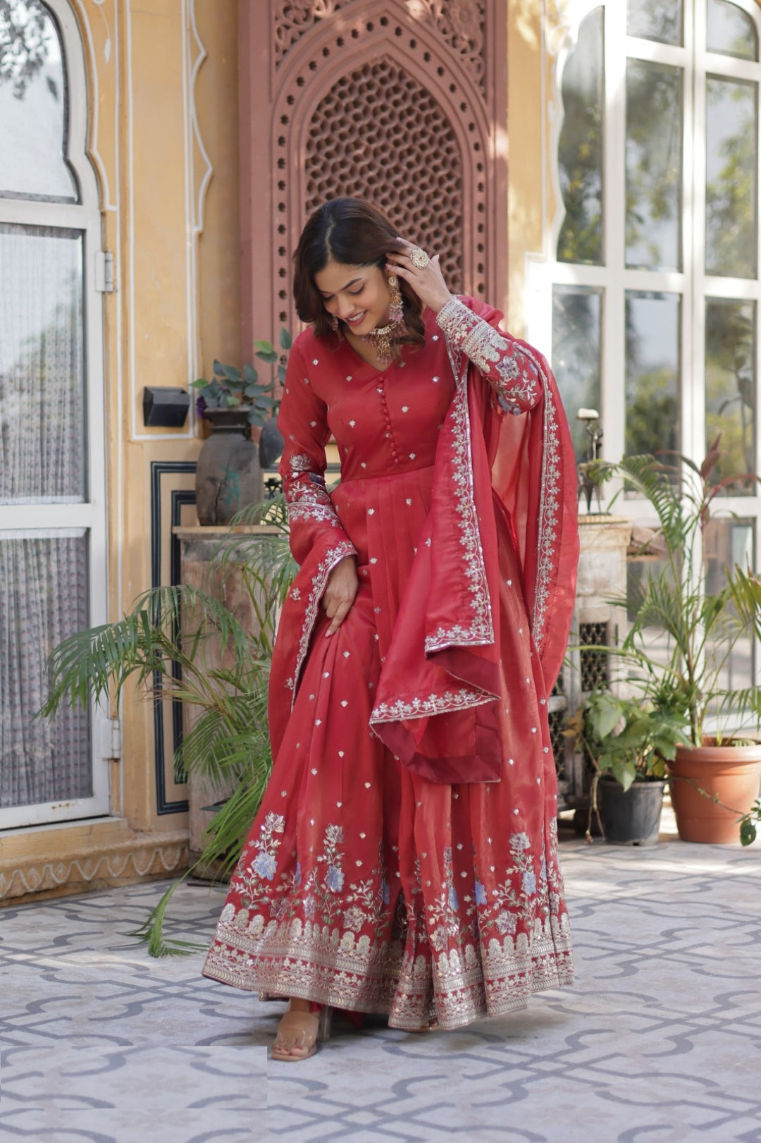 Lustrous Red Viscose Gowns With Dupatta