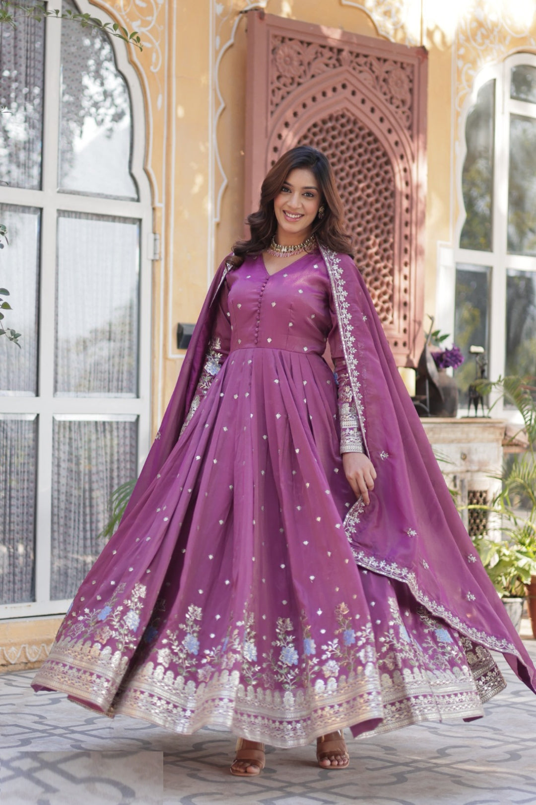 Avant-Garde Purple Viscose Gowns With Dupatta
