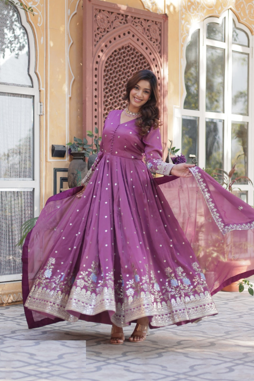 Avant-Garde Purple Viscose Gowns With Dupatta
