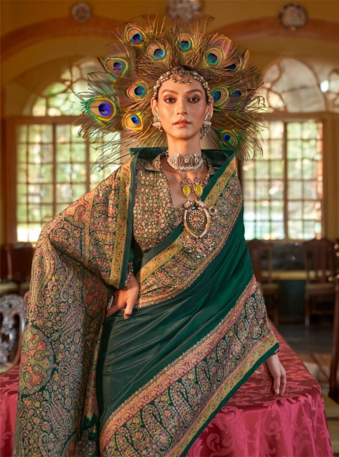 Women Bottle Green Silk Kashmiri Saree