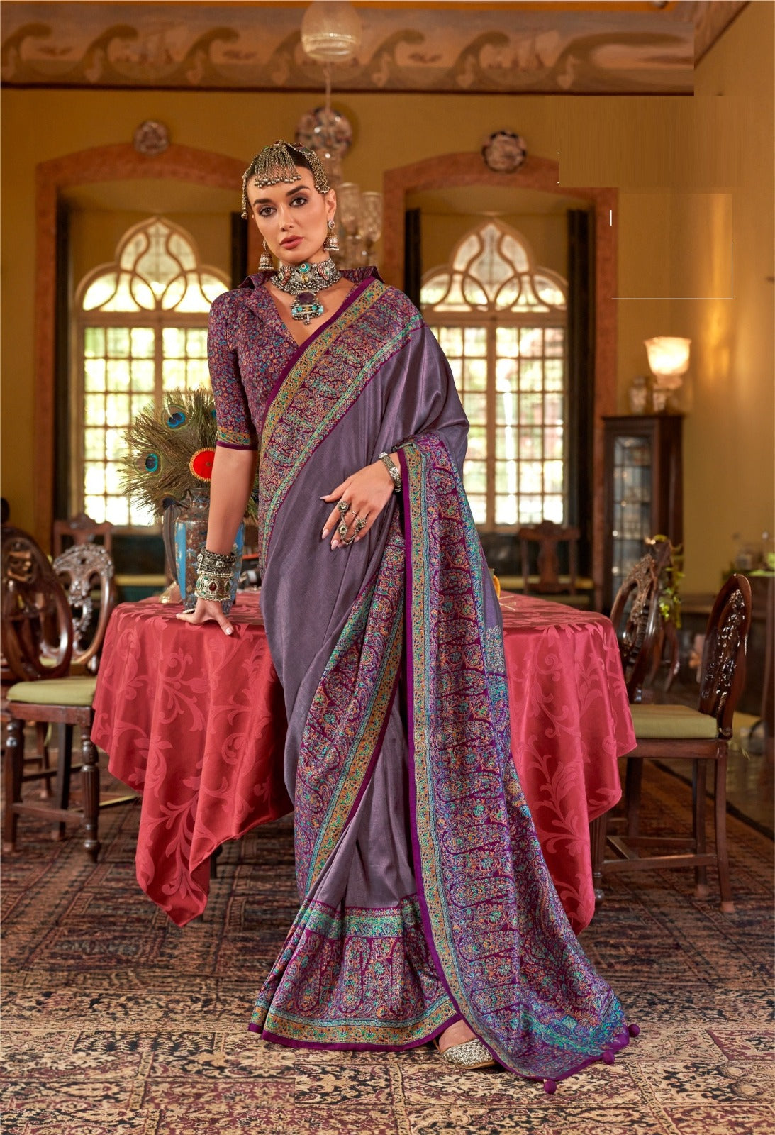 Women Lilac Silk Kashmiri Saree