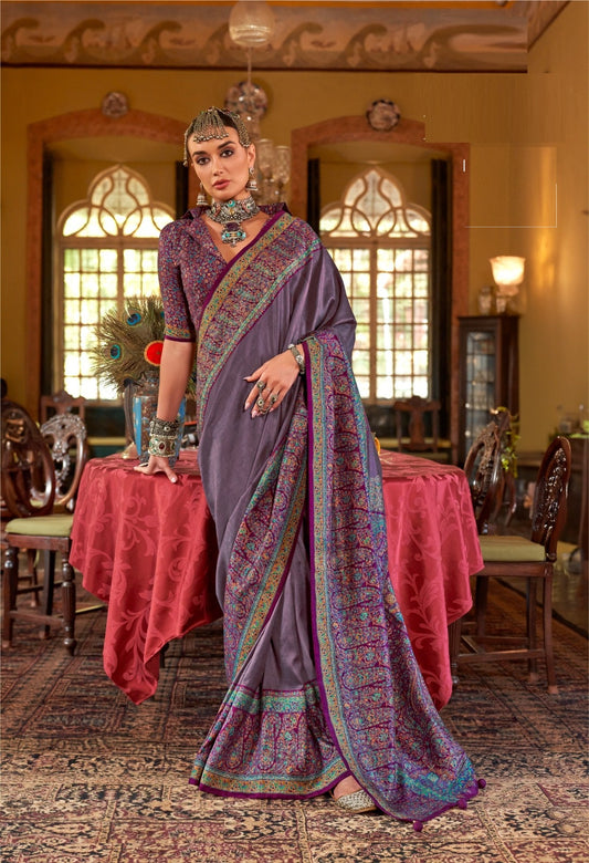 Women Lilac Silk Kashmiri Saree