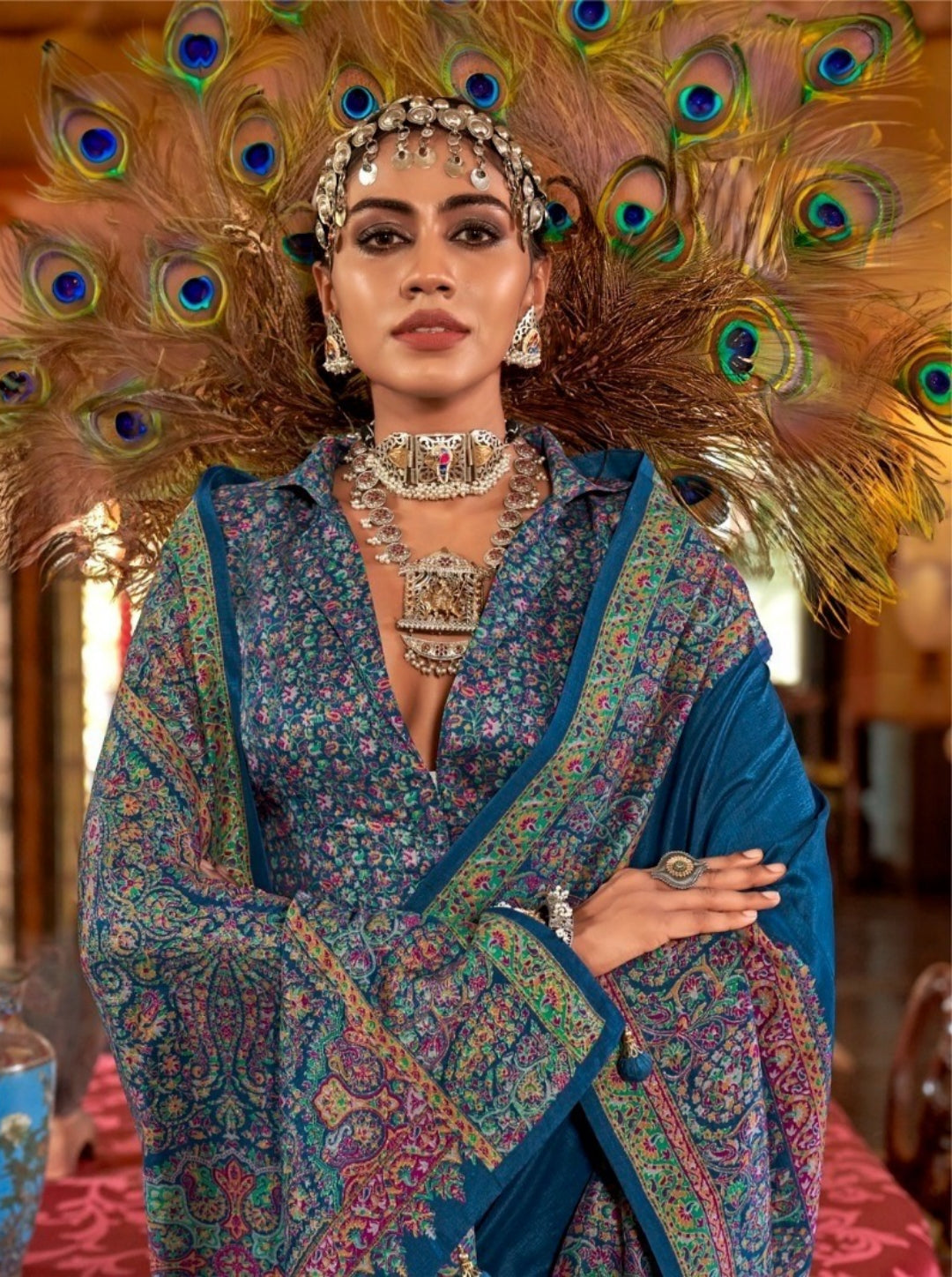 Women Teal Silk Kashmiri Saree