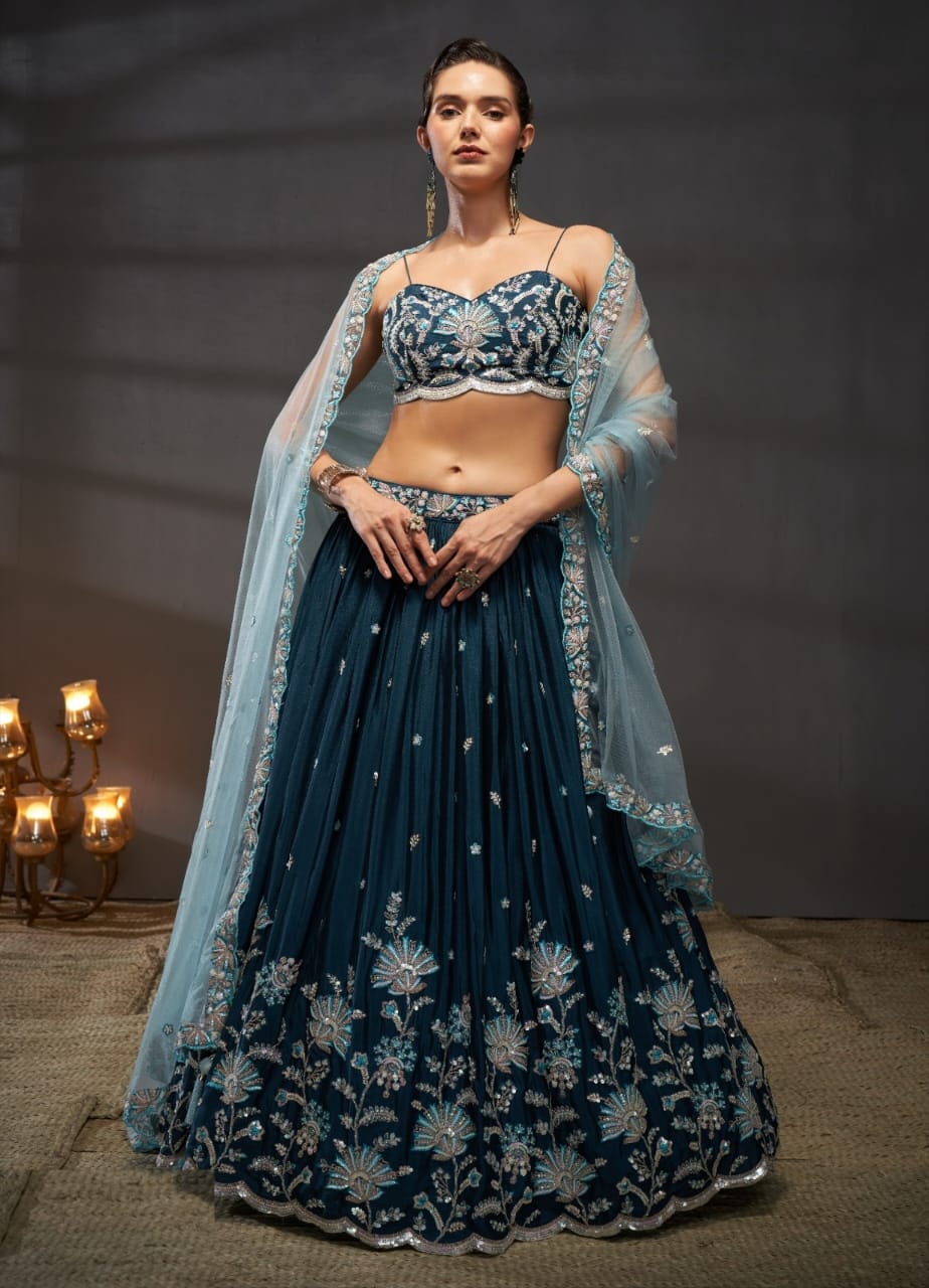 Stylish Dark Teal Polyester Chiffon Stylish Lehenga
