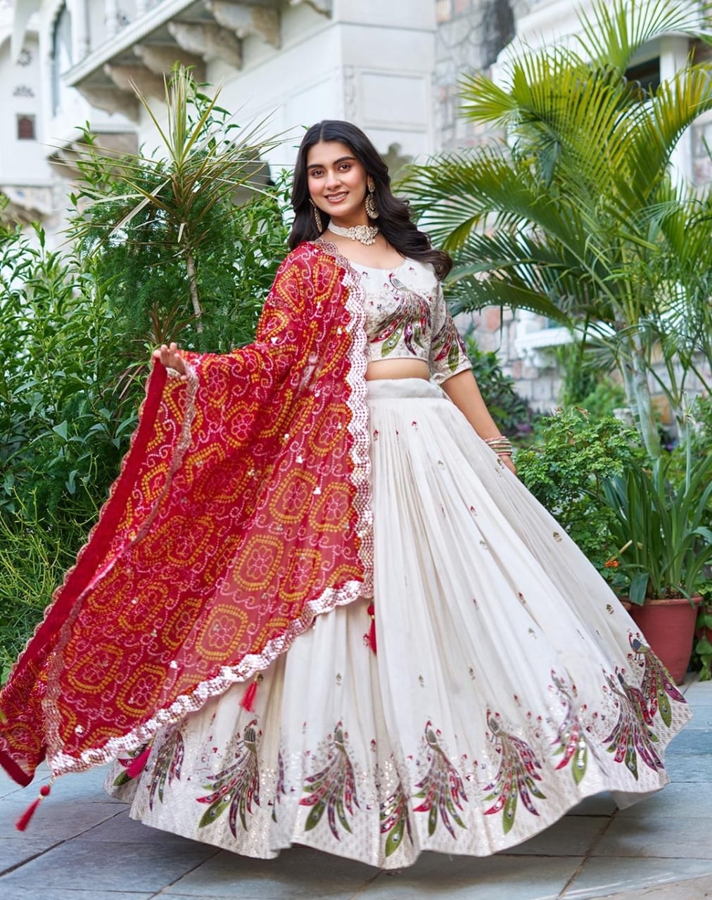 Elegant White And Red Tissue Silk With Embroidery Sequins Work Bandhani Dupatta Lehenga