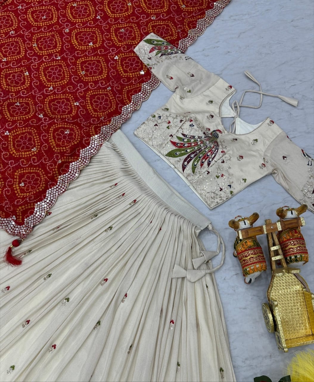 Elegant White And Red Tissue Silk With Embroidery Sequins Work Bandhani Dupatta Lehenga