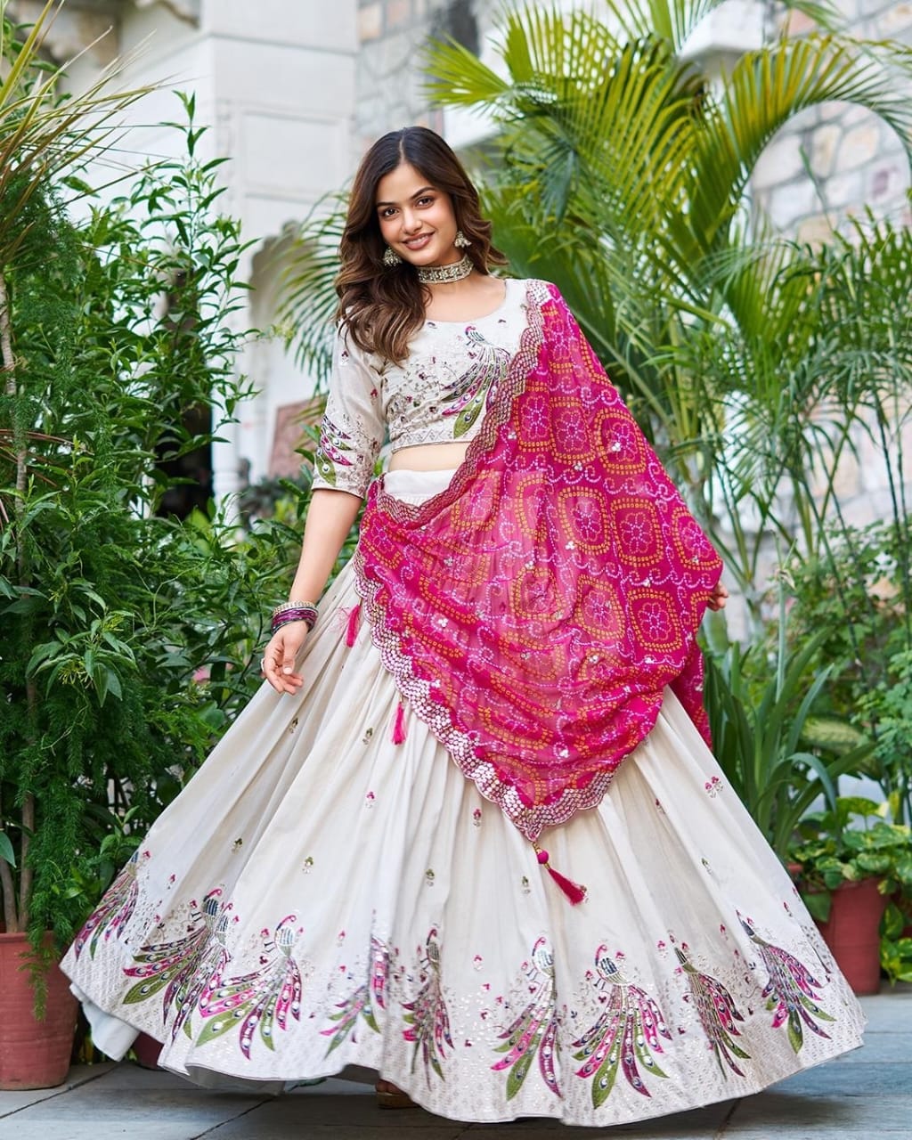 Timeless White And Pink Tissue Silk With Embroidery Sequins Work Bandhani Dupatta Lehenga
