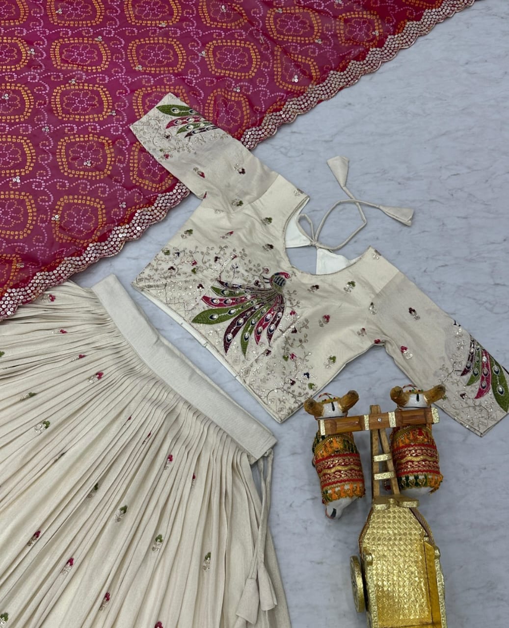 Timeless White And Pink Tissue Silk With Embroidery Sequins Work Bandhani Dupatta Lehenga