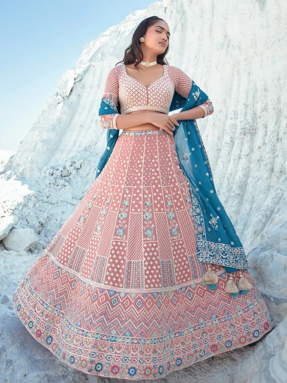 Opulent Peach Georgette Bridal Lehenga