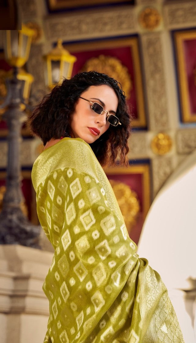 Women Mehendi Green Tissue Silk Saree