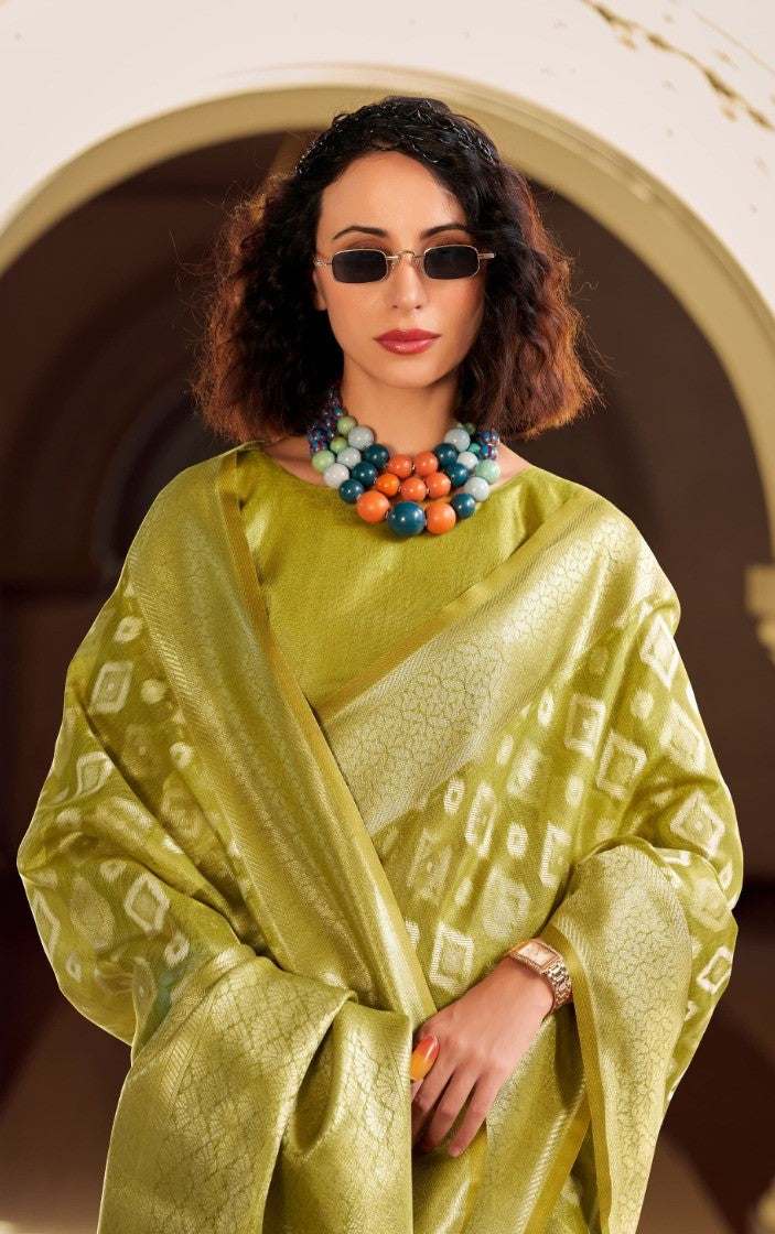 Women Mehendi Green Tissue Silk Saree