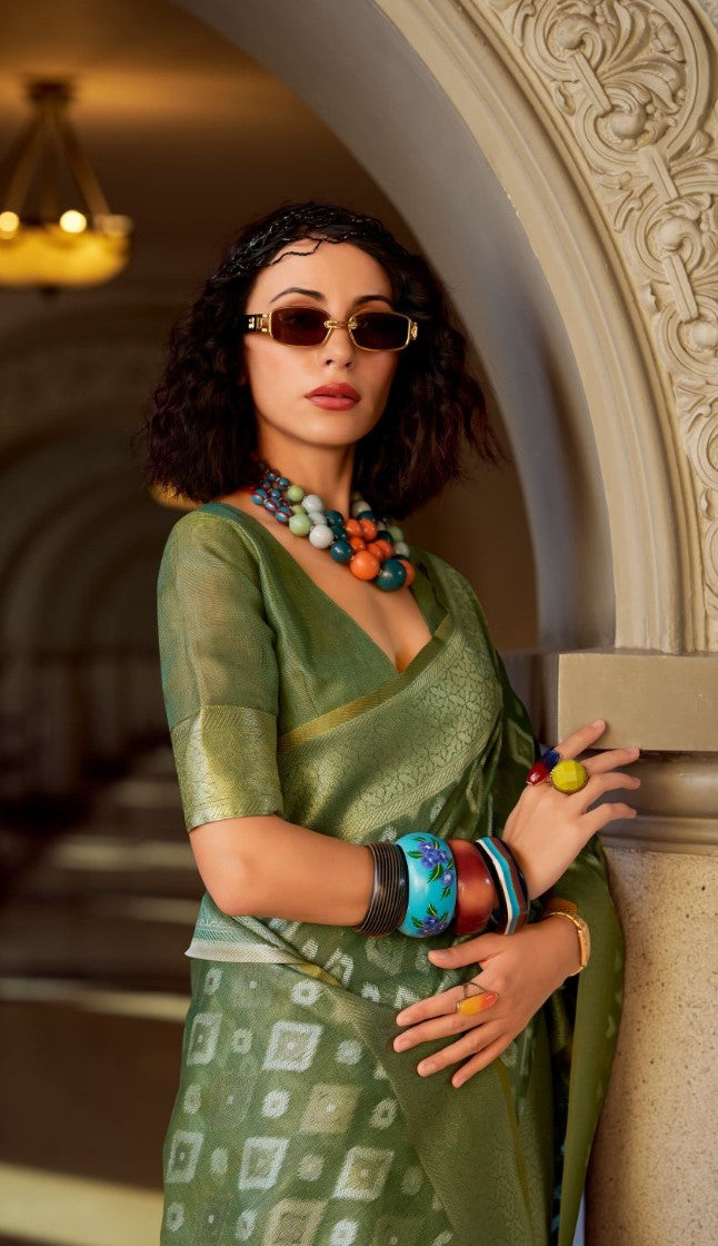 Women Bottle Green Tissue Silk Saree