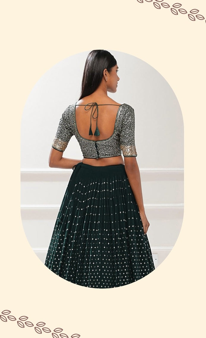Women Bottle Green Georgette Zari & Sequins Embroidery Work Digital Print Stylish Lehenga