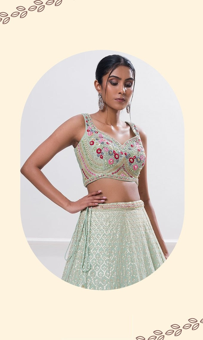 Women Sky Blue Georgette Zari & Sequins Embroidery Work Digital Print Stylish Lehenga