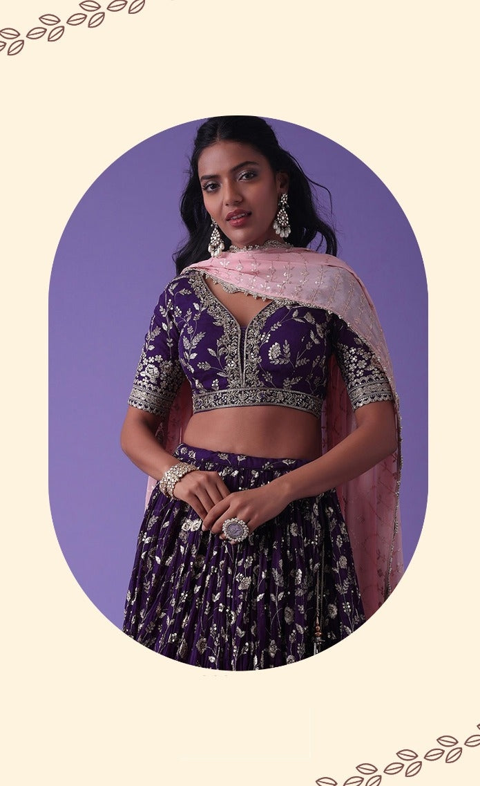Women Purple Georgette Zari & Sequins Embroidery Work Digital Print Stylish Lehenga