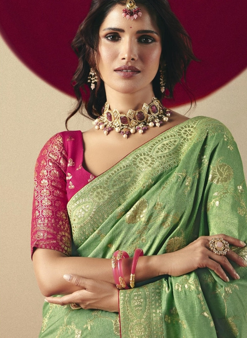 Spectacular Sea Green And Pink Banarasi Silk Saree