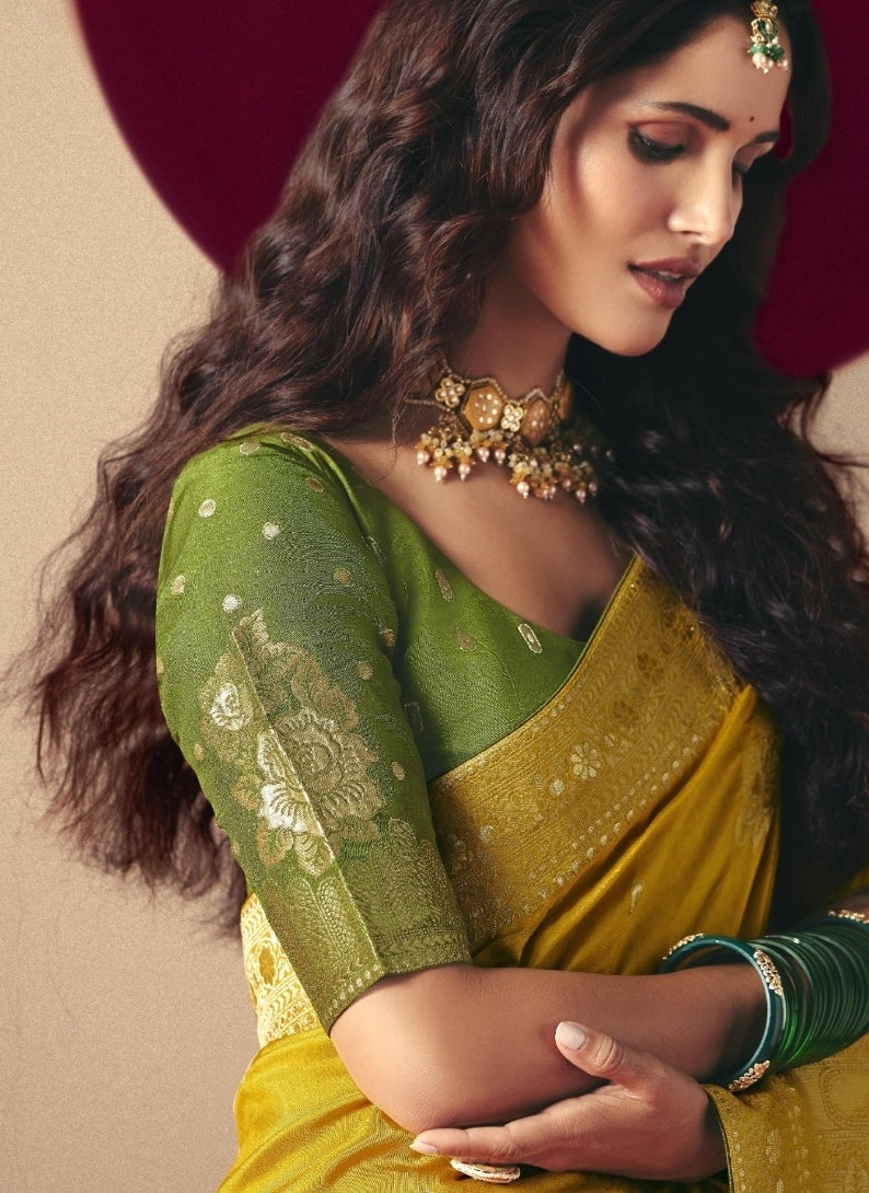 Pretty Yellow And Green Banarasi Silk Saree