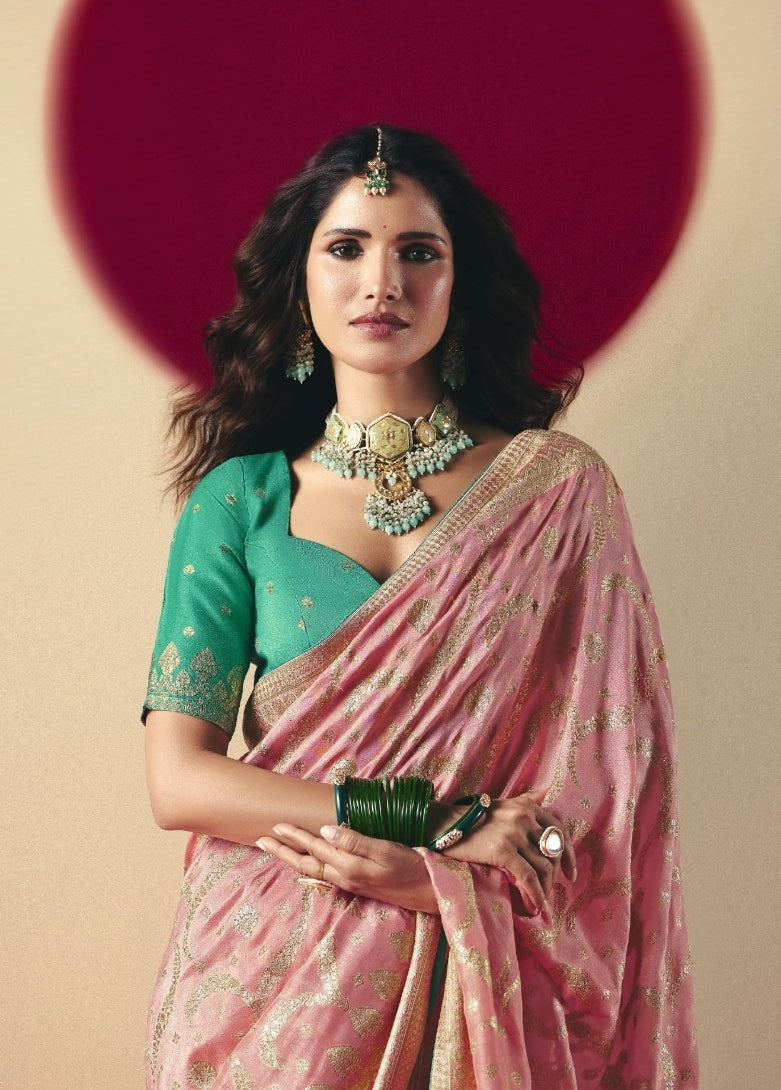 Charming Pink And Teal Banarasi Silk Saree