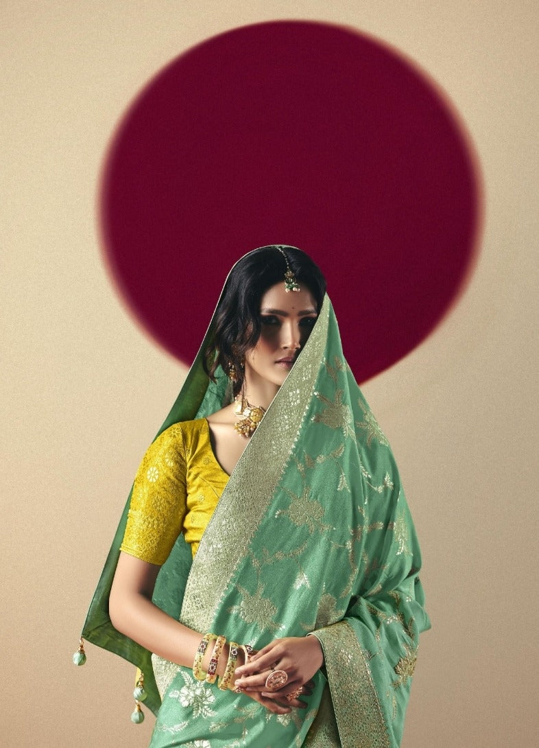 Comfy Sea Blue And Yellow Banarasi Silk Saree