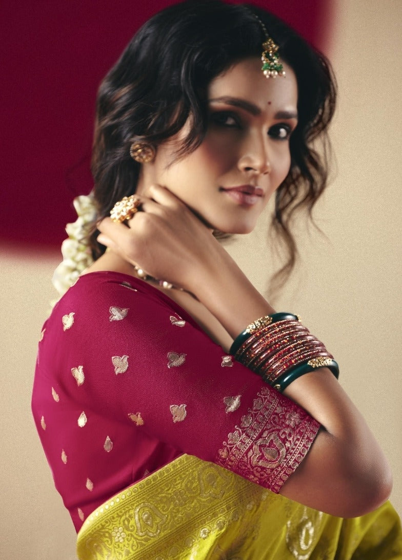 Chic Yellow And Pink Banarasi Silk Saree
