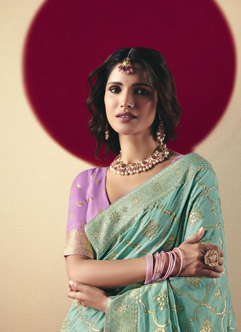 Elegant Blue And Purple Banarasi Silk Saree