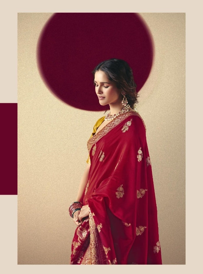 Timeless Maroon And Mustard Banarasi Silk Saree