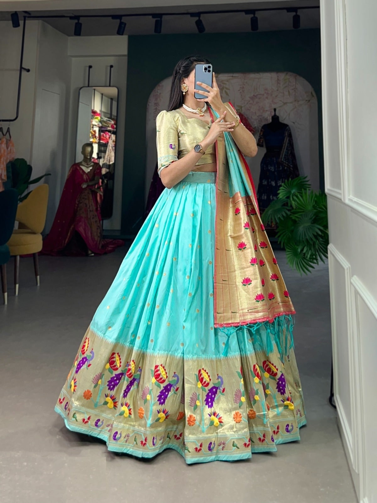 Sublime Sky Blue Jacquard Paithani Silk Lehenga Set