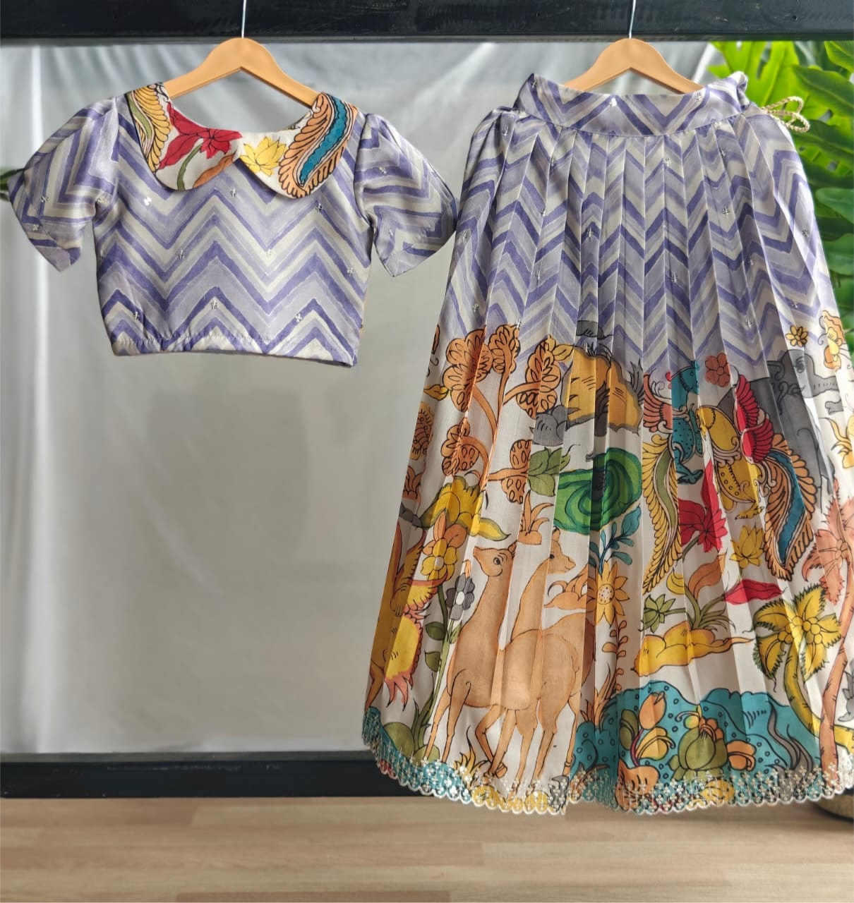 Blue Multicolor Tussar Silk Kids Lehenga Set