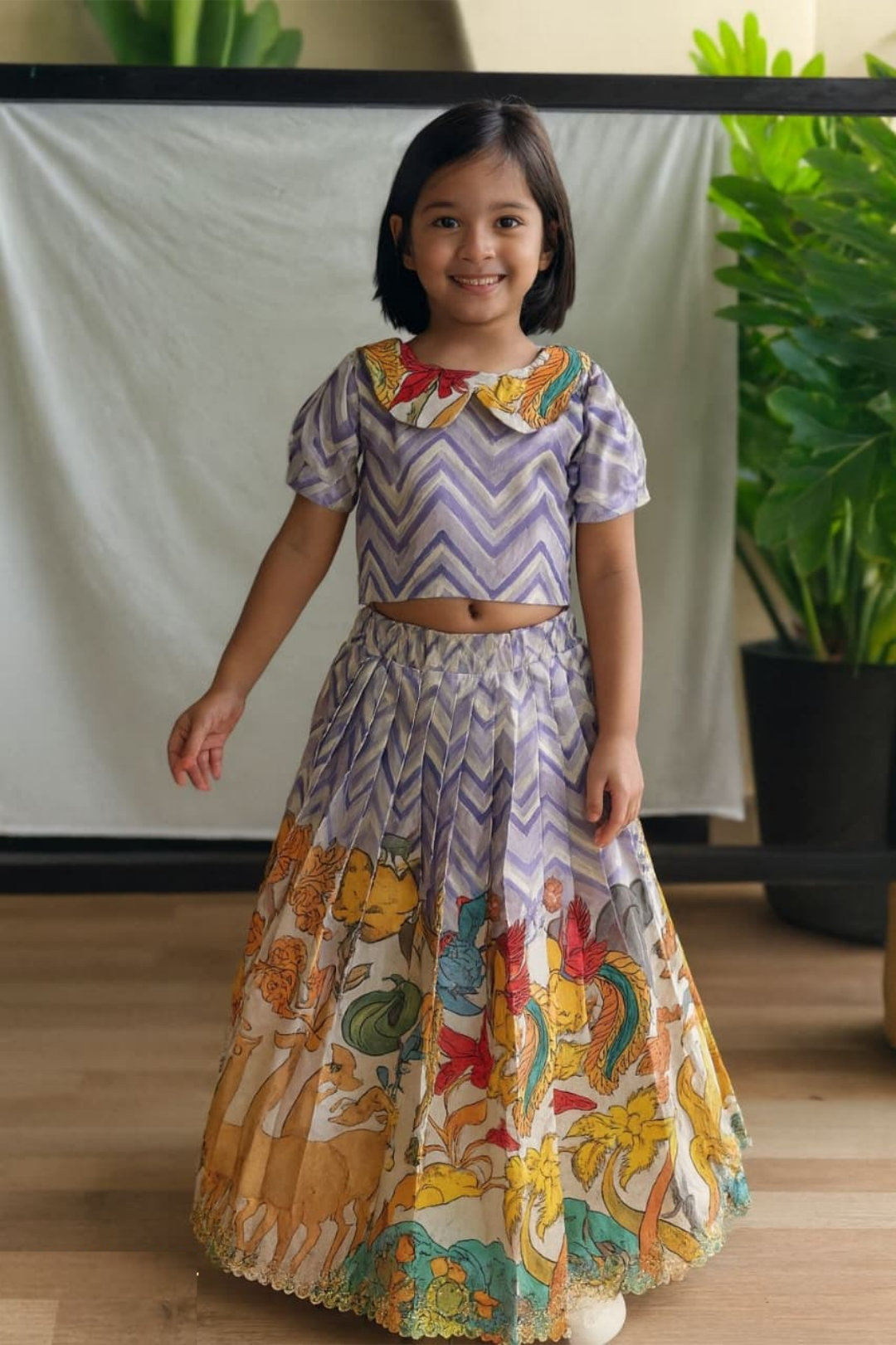 Blue Multicolor Tussar Silk Kids Lehenga Set