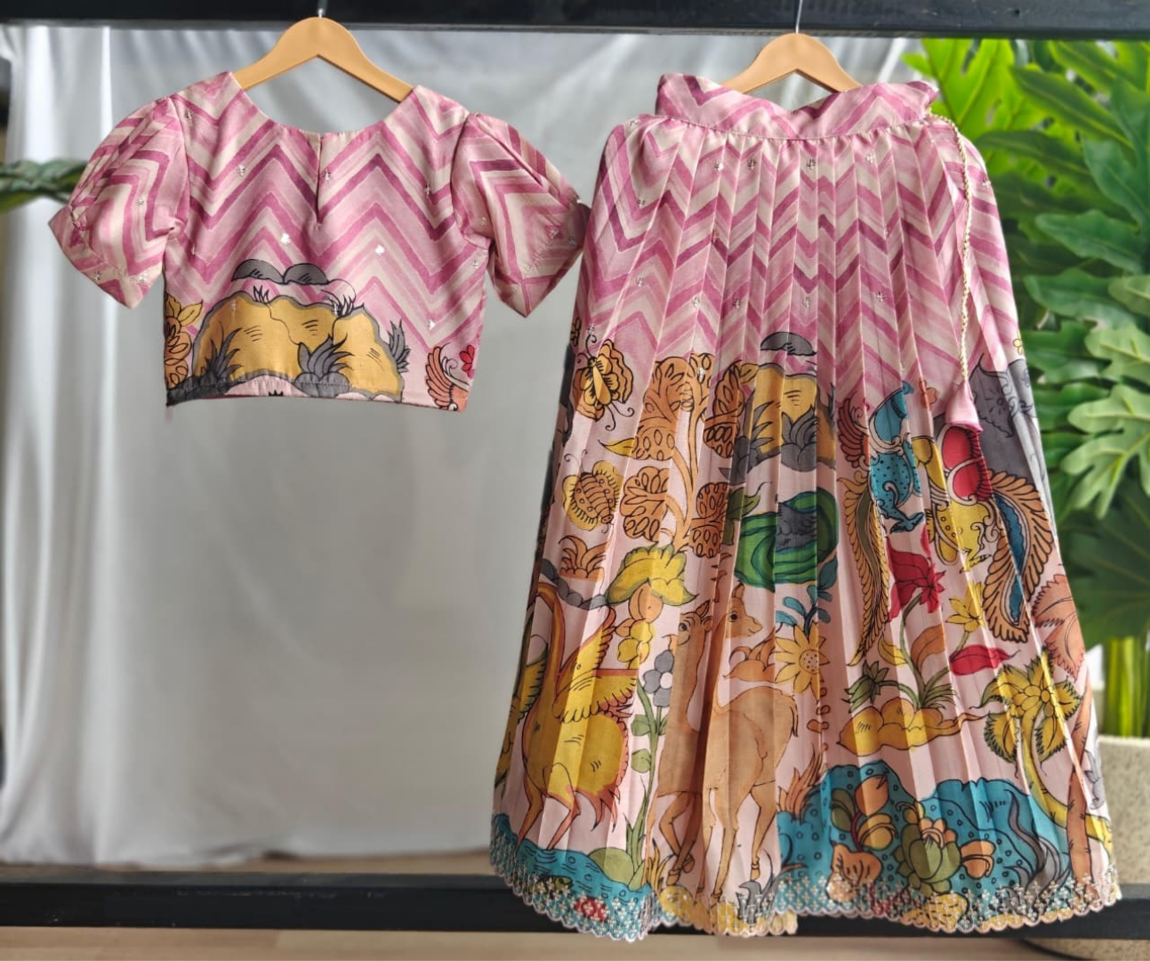 Pink Multicolor Tussar Silk Kids Lehenga Set